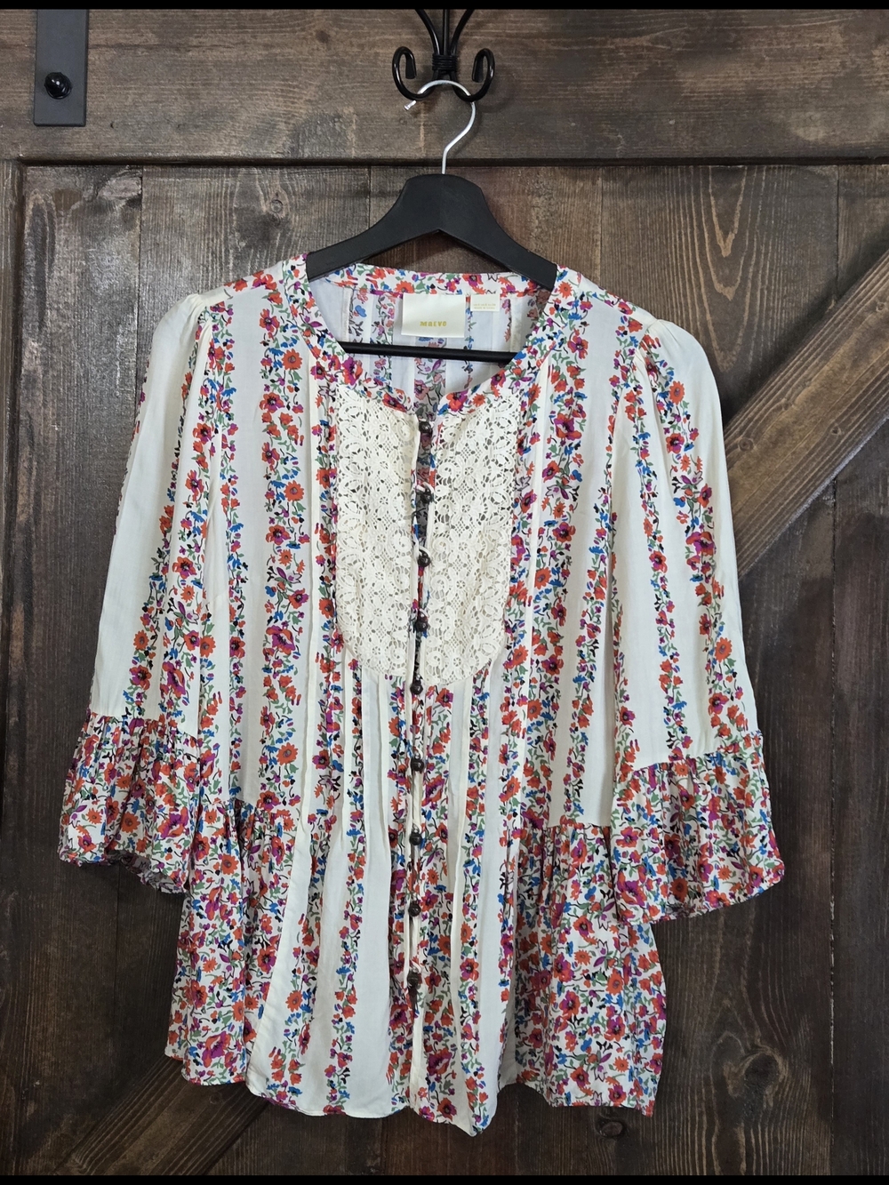 Anthropilogie Maeve Hiver Floral Blouse with Lace Bib